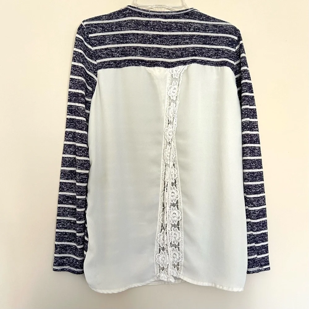 Rewind Women’s Navy & White Striped Lace Accent Crochet Long Sleeve Top